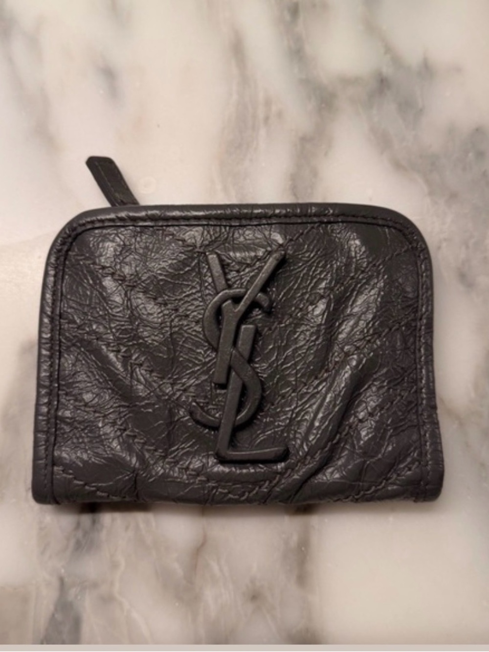 YSL Saint Laurent Grey Crinkled Calfskin Nikki Wallet